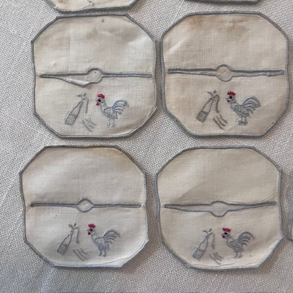 Vintage 1950's Rooster Linen Stemware Coaster Slippers (Set of 12) - Picture 3 of 7